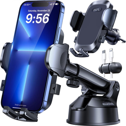 HTU 2025【Tõeline sõjaväeklass】 Täiustatud autotelefoni hoidik【36KG tugevaim iminapp ja metallist ventilatsioonikonks】 360° pööratav universaalne autohoidik iPhone 16 Pro Max 15 Samsung S25 jaoks, tume must