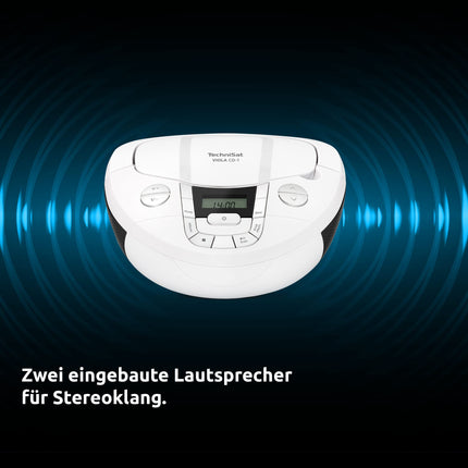 TechniSat Viola CD-1 - kaasaskantav stereo CD-mängija, boombox praktilise kandekäepidemega (lasteraadio, FM-raadio tuuner, Bluetooth-vastuvõtt, 2 x 1 W RMS-võimsus, vooluvõrgust ja akudest töötav) valge