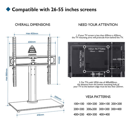 BONTEC universaalne telerikinnitus 26–55-tollistele LCD/LED/OLED/plasma/kumerteleritele, 45-kraadise pöördenurgaga, reguleeritava kõrgusega, maksimaalse kandevõimega 40 kg, max. VESA 400 x 400