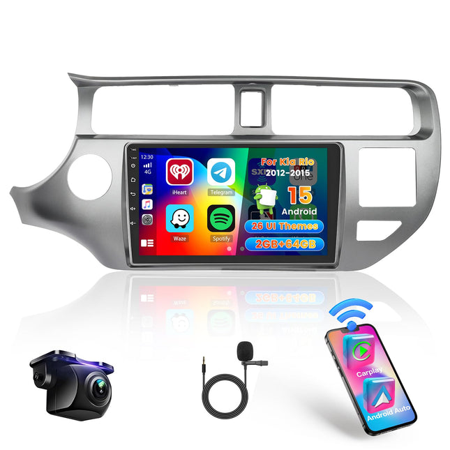 Hikity 2+64G Android 13 autoraadio ja navigatsioon Kia Rio 2012-2015 jaoks koos juhtmevaba CarPlay, Android Auto Mirror Linki, 9-tollise puutetundliku ekraaniga raadio, GPS, WiFi, Bluetooth, FM RDS EQ, MIC, SWC tahavaatekaamera