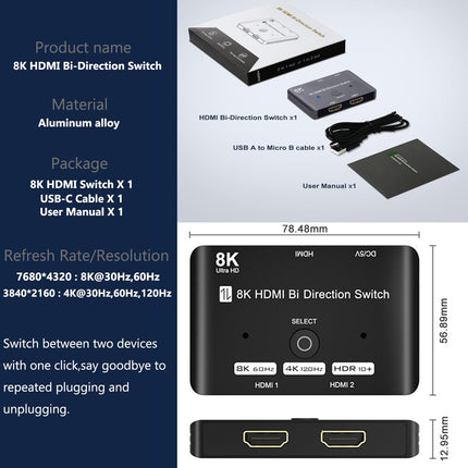 HDMI Splitter 8K@60Hz 4K@120Hz, HDMI 2.1 Switch, Aluminum Bidirectional HDMI Switcher 2 In 1 Out or 1 In 2 Out HDMI Distributor, HDMI Switch Supports 8K 4K for PS5 HDTV Xbox
