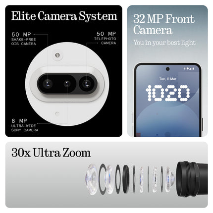 Nothing Phone (3a) 256 GB - mobiiltelefon Essential Space'iga, 50 MP põhikaamera, 32 MP esikaamera, 30x ülisuumi, 12 GB muutmälu, pika aku tööea ja 6,77-tollise painduva FHD+ AMOLED-ekraaniga - valge