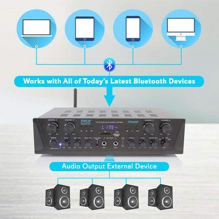 Pyle PTA44BT karaoke Bluetooth võimendi, juhtmevaba, 4-kanaliga stereoheli kodukino kõlar, helivõimendi vastuvõtja AUX-sisendiga, FM, RCA subwoofer, kõlar, väljund, USB, mikrofoni sisend