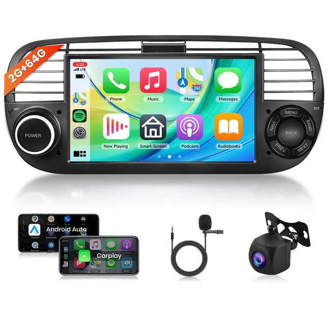 2G+64G juhtmevaba Carplay Android autoraadio FIAT 500 2007-2015 7-tollise puutetundliku ekraaniga autoraadio Android automaatse navigatsiooniga GPS WiFi peegliühendusega Bluetooth FM/RDS/DVR/EQ/DAB+/SWC tahavaatekaamera
