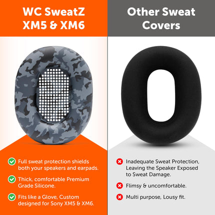 WC SweatZ XM5 &amp; XM6 – Patented Sweat Protection Ear Cushions for Sony WH1000XM5 &amp; WH1000XM6 by Wicked Cushions | Complete 360-Degree Ear Cushion Protection | Black Camo