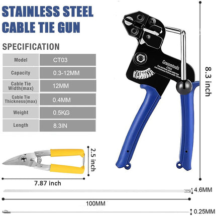 NEWFUN stainless steel cable ties and metal cable tie gun, 100 pieces 4.6 x 300 mm metal cable ties cable tie set for cable ties, industry and agriculture