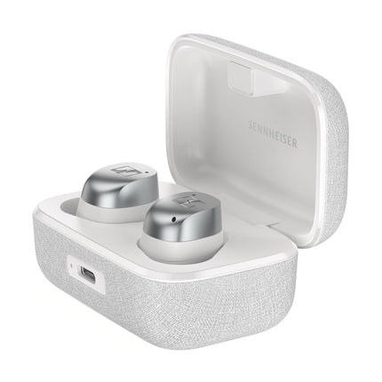 Sennheiser MOMENTUM True Wireless 4 - nutikad kõrvaklapid Bluetooth 5.4, kristallselge heli, ergonoomiline disain, 30-tunnine aku tööiga ja adaptiivne ANC - valge-hõbedane