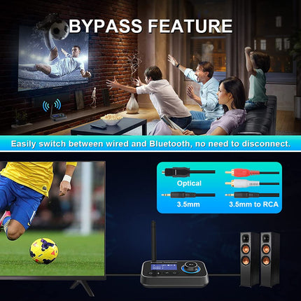 Ainostone 3-in-1 Bluetooth 5.3 saatja-vastuvõtja 2 kõrvaklapi jaoks Bluetooth-heliadapter madala latentsusega Bluetooth-saatja möödaviigu lülitiga helitugevuse reguleerimine AUX optiline RCA teleri stereosüsteemile arvutile