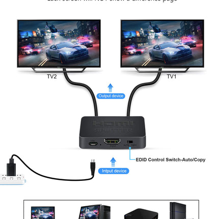 HDMI jaotur 1 sisend 2 väljundit samaaegselt 4K 60Hz, avedio links HDMI jaotur 1 sisend 2 väljundit kahe monitori jaoks【Ainult peegel, mitte pikendatav】Toetab HDMI2.0b, HDCP2.2, automaatset skaleerimist, Full HD 1080P 3D