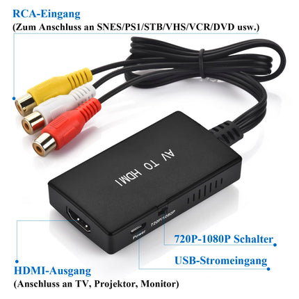 Amtake RCA to HDMI, 1080P AV to HDMI Adapter, Cinch to HDMI Adapter with HDMI Cable for PS2/PS3/Xbox/SNES/N64/STB/VHS/VCR Video Recorder DVD, Supports PAL/NTSC