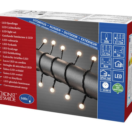 Konstsmide 3695-107 LED-kerakujuline valguskett väikeste ümmarguste dioodidega / välistingimustes kasutamiseks (IP44) / VDE-testitud / 24V välistingimustes kasutatav trafo / 160 sooja valget dioodi / must kaabel, soe valge