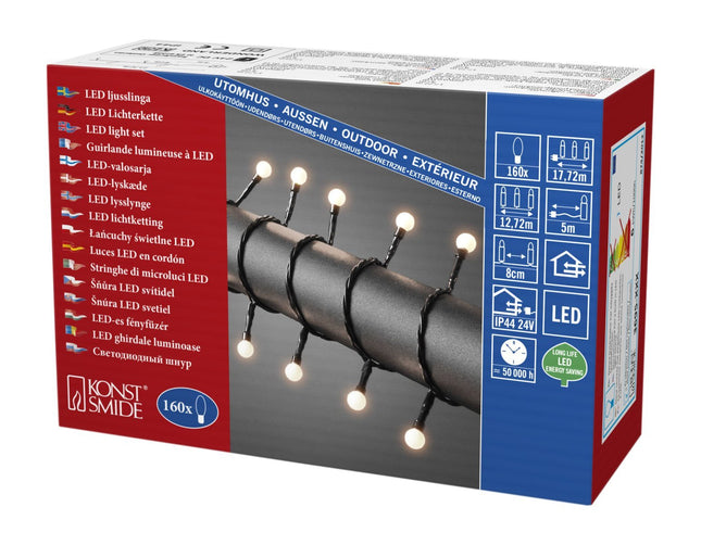 Konstsmide 3695-107 LED-kerakujuline valguskett väikeste ümmarguste dioodidega / välistingimustes kasutamiseks (IP44) / VDE-testitud / 24V välistingimustes kasutatav trafo / 160 sooja valget dioodi / must kaabel, soe valge