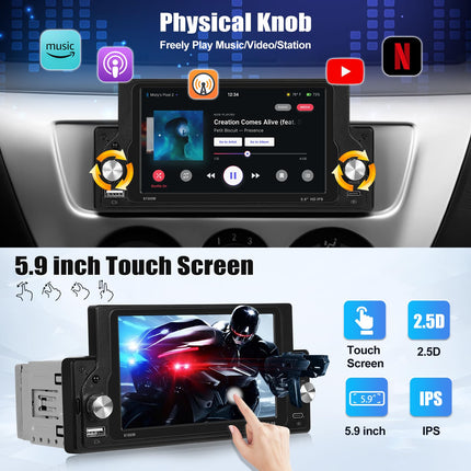 [Juhtmevaba uuendamine] SIXWIN autoraadio 1 DIN juhtmevaba Carplay ja Android Auto toega, 5,9-tolline puuteekraan, toetab Bluetooth 5.0/USB/AUX/FM/AM/Mirrorlink/roolijuhtimist+tagurduskaamerat