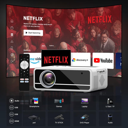 Nutikas projektor【Ametlik Netflix/elektriline teravustamine/automaatne trapetsikorrektsioon】 AKATUO kodukino projektor, natiivne 1080P, 4K tugi, WiFi6 Bluetooth, videoprojektori kuuldeaparaat telefoni/õue jaoks