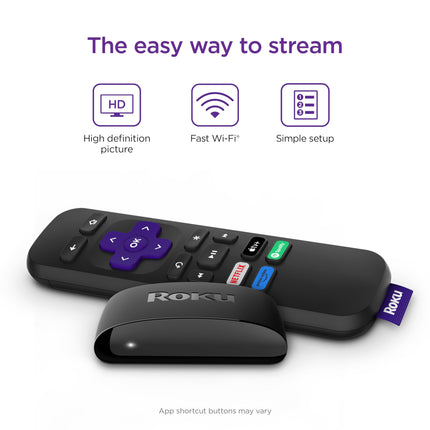 Roku Express HD voogedastusseade kiire HDMI-kaabli ja tavalise kaugjuhtimispuldiga (mitte teleri juhtimisega), juhendatud seadistuse ja kiire WiFi-ga