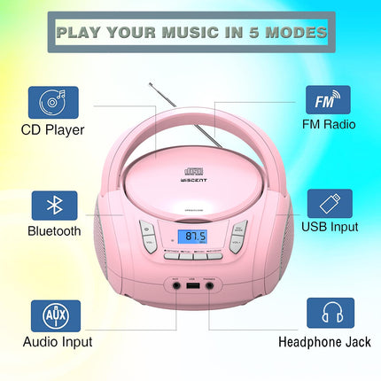 Kaasaskantav CD-mängija lastele - raadio, CD Boombox Bluetoothi, FM-raadio, USB-sisendi ja AUX-pordi ning kõrvaklapipesaga, CD-mängija koduseks või õues kasutamiseks (roosa)
