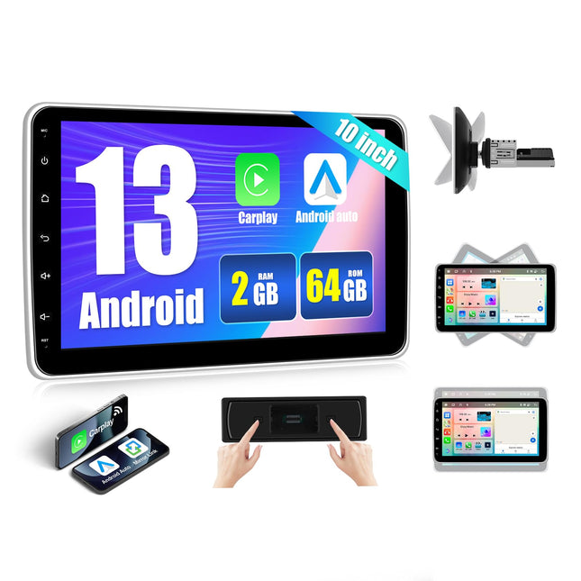 2G+64G SIXWIN Android 13 autoraadio 1 DIN Carplay/Android Auto tugi, 10-tolline 360° pööratav eemaldatav IPS puuteekraan GPS WiFi Bluetooth 5.0 FM RDS Mirror Link+32EQ