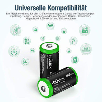 HiQuick Baby C-tüüpi aku, Ni-MH laetav C-tüüpi aku, suure mahutavusega 5000mAh, 1200 tsüklit, 1,2V C-tüüpi aku (4 tk pakis)