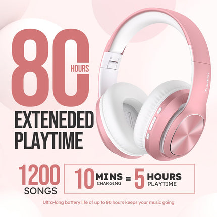 TuneFlux Bluetooth kõrvaklapid, 80 tundi aku tööiga, juhtmevabad Bluetooth kõrvaklapid 3 ekvalaiseri režiimiga, HiFi stereo, sisseehitatud mikrofon, kokkupandavad juhtmevabad kõrvaklapid - roosakuldne