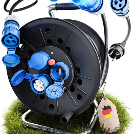 IntuiFlex Camping Cable Reel Set - CEE Cable 25m + 1.5m Connection Cable + CEE Adapter - Camping Cable H07RN-F 3G 2.5mm² for Caravan Motorhome Accessories IP44 Outdoor
