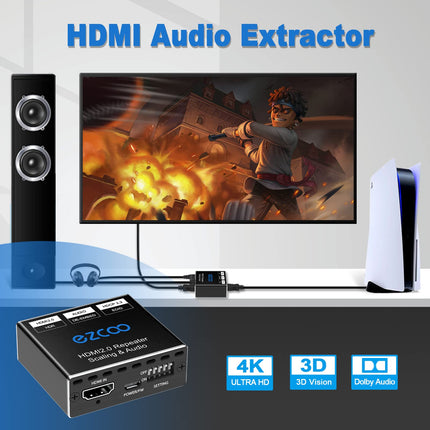 HDMI 2.0 heliekstraktor 4K 60Hz PS5 1080P 120Hz 4:4:4 HDCP 2.2 18 Gbit/s D-olby Vision HDR DE-Embed SPDIF optiline 5.1CH 3.5mm stereo L/R heliväljund Digitaalne heli EDID haldus, skaleerija 4k 1080P