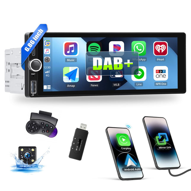 Dab+ 1 DIN Android 13 autoraadio Carplay ja Android Autoga, MP5-mängija, 6,86-tolline HD puutetundliku ekraaniga karastatud klaasist raadio Bluetoothi, FM/RDS-i, SWC EQ, MirrorLinki, tahavaatekaamera ja mikrofoniga