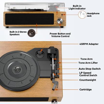 Plaadimängija, FYDEE vinüülplaadimängija Bluetoothiga, plaadimängija, vintage-stiilis plaadimängija sisseehitatud stereokõlariga, 3 kiirust 33/45/78 p/min, RCA väljund, AUX sisend, puiduvärv