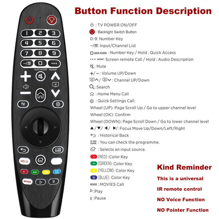 Universal remote control with backlight compatible with LG Smart TVs, suitable as a replacement for TV remote controls - Without voice and pointer functions
