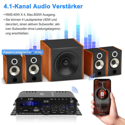 S-299 4.1-kanaliga HiFi võimendi, RMS 40Wx4+50W Bluetooth mini-audiovõimendi, max. 800W võimsus, passiivne subwoofer-võimendi, DC 12V/5A kodukõlaritele, USB SD-pesa, AUX