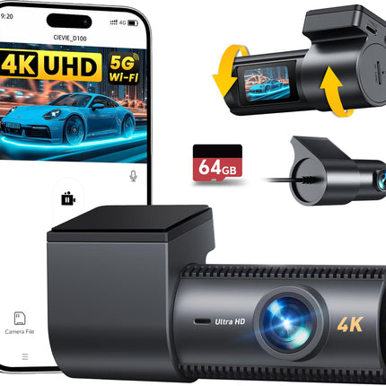 CIEVIE 4K+1080P autokaamera ees ja taga 64 GB SD-kaardiga, 5 GHz WiFi-ga autokaamera 1,5-tollise IPS-ekraaniga, 170° lainurk, G-andur, WDR öine nägemine, tsükkelsalvestus, rakenduse juhtimine, toetab maksimaalselt 256 GB