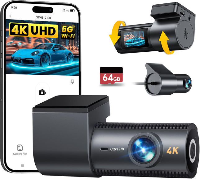 CIEVIE 4K+1080P autokaamera ees ja taga 64 GB SD-kaardiga, 5 GHz WiFi-ga autokaamera 1,5-tollise IPS-ekraaniga, 170° lainurk, G-andur, WDR öine nägemine, tsükkelsalvestus, rakenduse juhtimine, toetab maksimaalselt 256 GB
