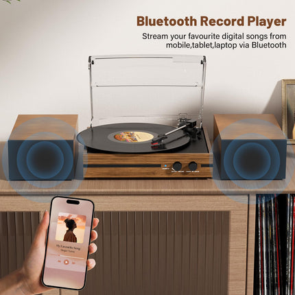 Vanaaegne vinüülplaadimängija Bluetoothiga, rihmülekandega, kahe stereokõlariga, LP-mängijaga, 3 kiirusega, juhtmevaba taasesitusega, AUX kõrvaklappide sisendiga, pruun