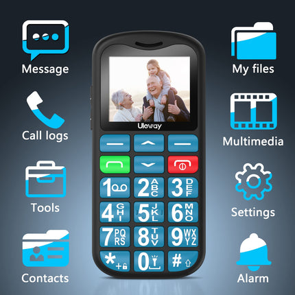 Uleway seenioridele mõeldud mobiiltelefon suurte nuppudega ja lepinguta, kahe SIM-kaardiga pensionäridele mõeldud GSM-seeniormobiiltelefon SOS-hädaabikõne nupuga, suurte nuppudega mobiiltelefon laadimisjaamaga - sinine