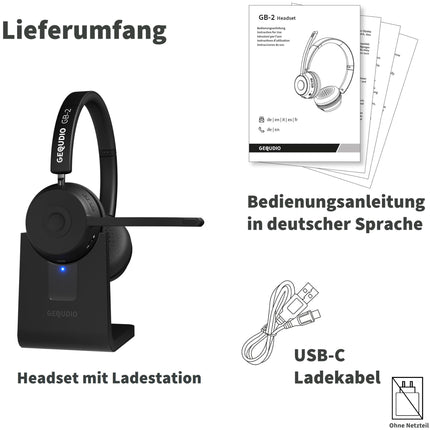 GEQUDIO GB-2 Bluetooth-peakomplekt mikrofoniga | Juhtmevabad kõrvaklapid | Passiivne mürasummutus | Ühenda 2 seadet samaaegselt (mobiiltelefon, arvuti, sülearvuti) | Juhtmevabad peakomplektid | 500 tundi ooterežiimis (laadimisjaamaga)