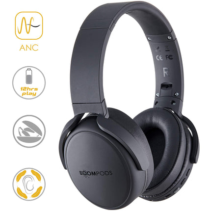 Boompods Headpods ANC mürasummutavad kõrvaklapid - juhtmevabad kõrvapealsed Bluetooth-kõrvaklapid mikrofoniga, 12-tunnine aku tööiga ja vahtkõrvapadjad, kokkupandav disain reisikotiga, must