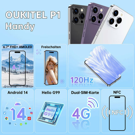 OUKITEL P1 mobiiltelefon ilma lepinguta - 24GB+256GB nutitelefon ilma lepinguta Android 14, 6,7-tolline AMOLED ekraan SIM-kaardivaba mobiiltelefon 5150mAh, 50MP+32MP kaamera, GPS, NFC, must
