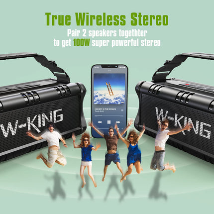 W-KING Bluetooth kõlar, 90W tippvõimsusega subwoofer, õuekõlar, IPX6 veekindel, kaasaskantav muusikakarp, sügav bass, Boombox, DSP, 40H aku, varupatarei, AUX, EQ, TF, telkimine, rand, aed