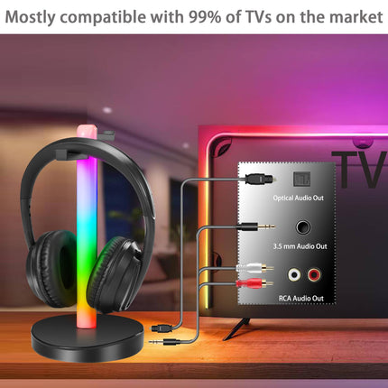 ZANCHIE juhtmevabad kõrvaklapid teleri jaoks, kõrvapealsed juhtmevabad kõrvaklapid raadiosagedussaatjaga, kõrvaklapialus RGB-valgustusega, leviala 100 m, plug-n-play (optilise ja aux-pordiga)