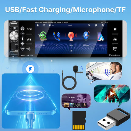 Techschermo autoraadio 1 DIN ekraaniga, juhtmevaba Carplay ja Android Auto toega - 5,1-tolline IPS puutetundliku ekraaniga autoraadio Mirror Linki, FM/AM/RDS raadio, TF/AUX/USB pordi, juhtmevaba ...