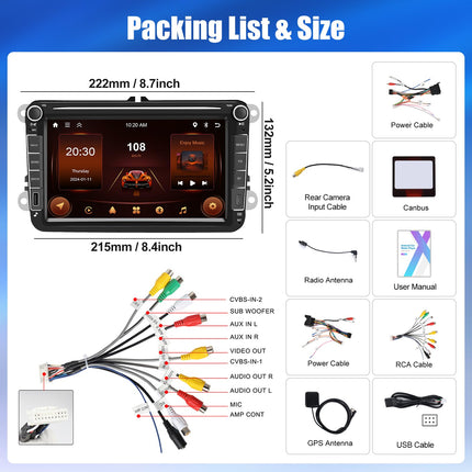 [2+64G] CAMECHO Android 13 autoraadio VW Golf 5, Golf 6, Skoda Polo, Passat Tiguan Touranile koos Carplay/Android Auto/Mirrorlinkiga, 8-tolline mahtuvuslik puuteekraan WiFi, GPS, FM, Bluetooth