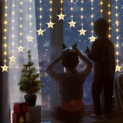 SALCAR 3m LED Star Curtain Lights - 222 LEDs with 16 Star String Lights, Window Decoration with Timer, Christmas Lighting for Balcony, Party, Wedding - Warm White