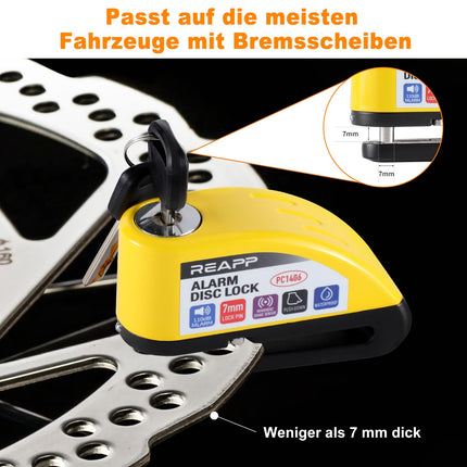 REAPP Brake Disc Lock, Motorcycle Lock Alarm 110db, High Security Motorcycle Lock with 1.5m Recall Cable and Lock Bag, Alarm System for Moto, Moped, Bicycle, Scooter (with Disc Brake)