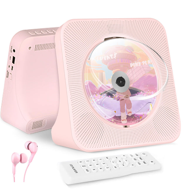 Roosa CD-mängija lastele, kaasaskantav CD-mängija Bluetooth 5.0-ga, kodune muusikapleier sisseehitatud HiFi-kõlaritega, FM-raadio, taimeri, USB-pordi, AUX-pesa, kaugjuhtimispuldiga (kõrvaklappide kaabel kaasas)