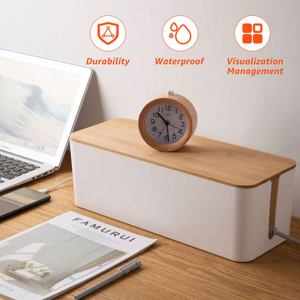 MIVIDE 3-Piece White Cable Box, Cable Box with Wooden Lid, Cable Hide, Large and Small Cable Management (with 3 Wire Ties and 20 Double-Sided Stickers)