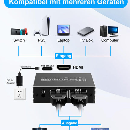 8K HDMI jaotur 1 sisend 2 väljundit - jaotur kahe monitori peegeldamiseks ja kopeerimiseks, toetab 8K@60Hz 4K@120Hz 1080P EDID HDCP2.3 HDR10 VRR Dolby Visioni PS5 Xboxi sülearvutile