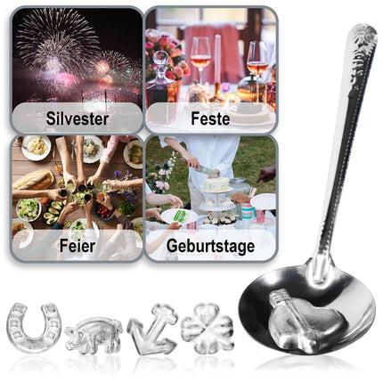 com-four® tinavalu 5 raske figuuri ja 1 lusikaga, uusaastaöö valu, ennustamise peomäng, tervislik alternatiiv pliivalule (mugavus - 3g - 6 tükki)