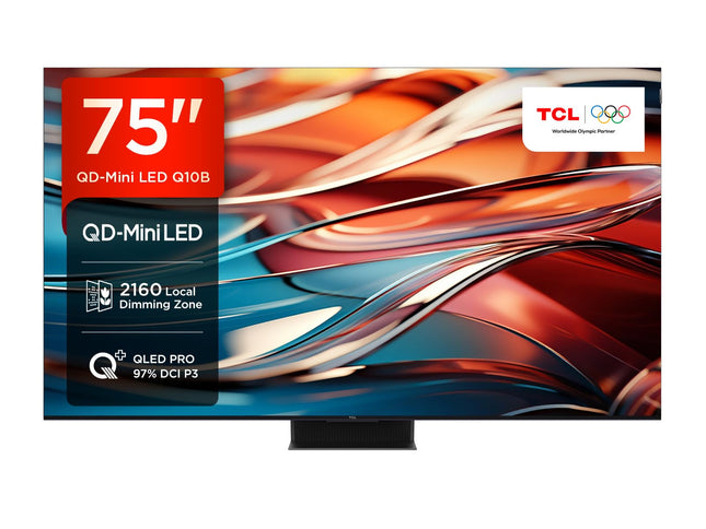 TCL 75Q10B 75-tolline QLED PRO MiniLED-teler, 4K UHD, 4K HDR Premium 3500 nitti, nutikas Google TV 144Hz Motion Clarity Pro ja Onkyo 2.1.2 Dolby Atmos heliga