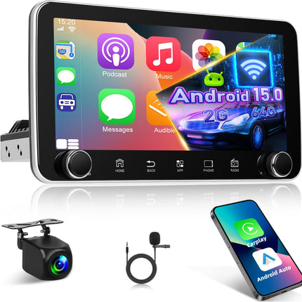 [2+64G] 10,36-tolline Android 15 1-din puutetundliku ekraaniga autoraadio, 1-din IPS-puutetundliku ekraaniga raadio - juhtmevaba Carplay ja Android Auto, WiFi, GPS, jagatud ekraan, Mirror Link, SWC + AHD tahavaatekaamera