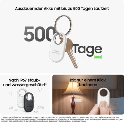 Samsung Galaxy SmartTag2 Bluetooth jälgija, kompassivaade, lähedalasuva otsing, kuni 500 päeva aku tööiga, veekindel, valge (1 pakk)