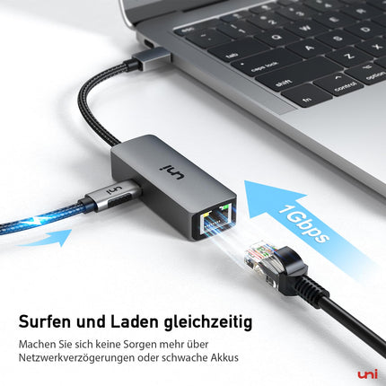 uni USB-C to Ethernet Adapter 100W PD, 1Gbps Gigabit RJ45 LAN Network Adapter with Power Delivery - Compatible with Laptop, MacBook Pro/Air, Dell XPS, iPad Pro